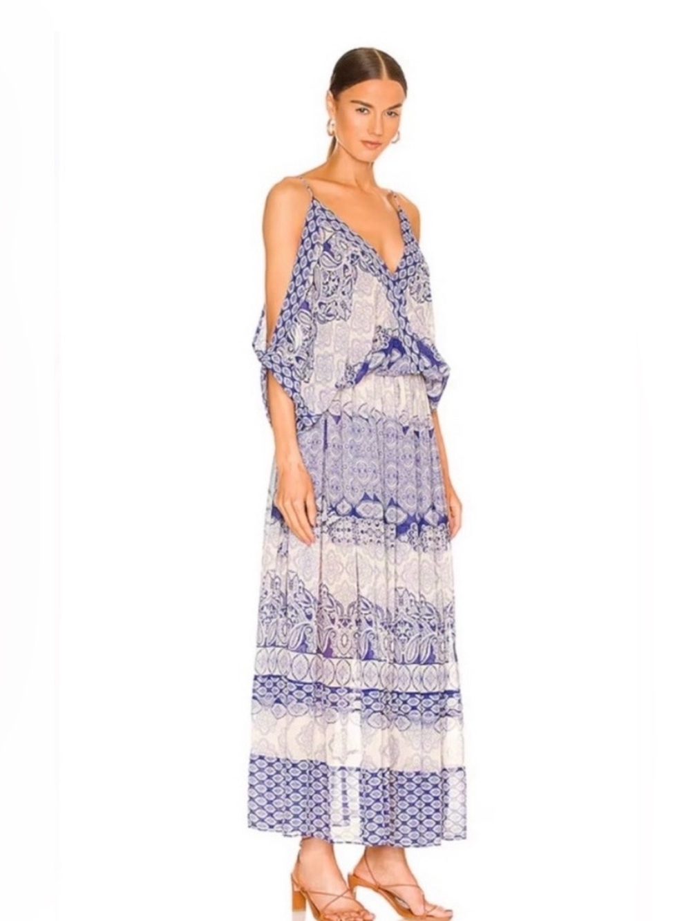 NWT Misa Los Angeles Sz XS Farrah Blue White Maxi Paisley Dress Cold Shoulder